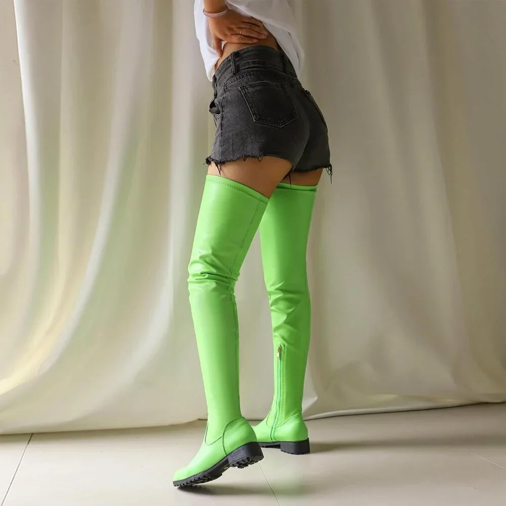 Women's Green Polyurethane Thigh High Over The Knee Rounded Toe Fashion Boots